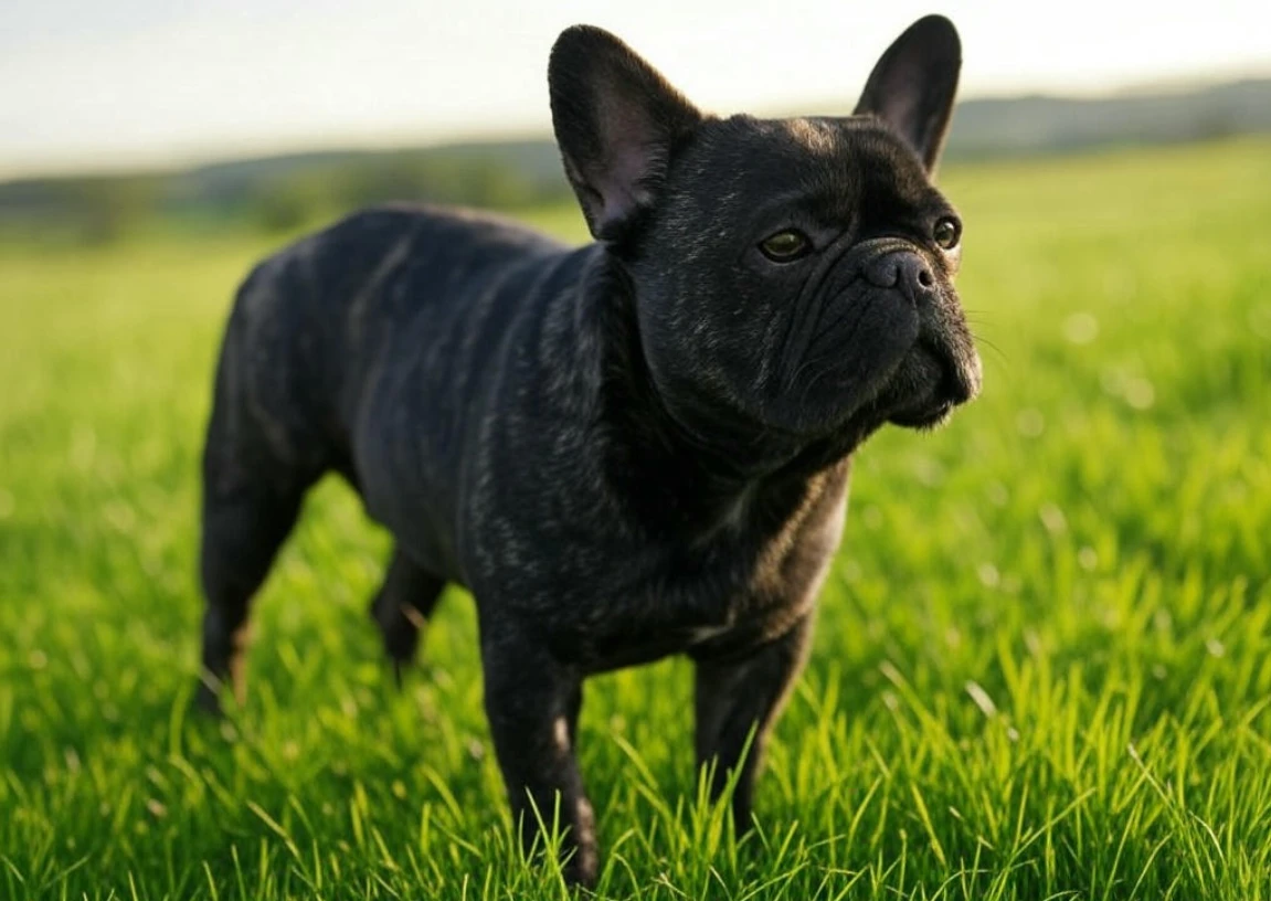 A brindle French Bulldog standing on a grassy field, its dark coat marked with lighter streaks.