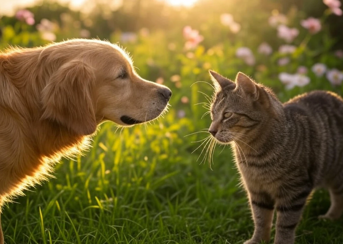 Dog and cat sniffing each other during first meeting