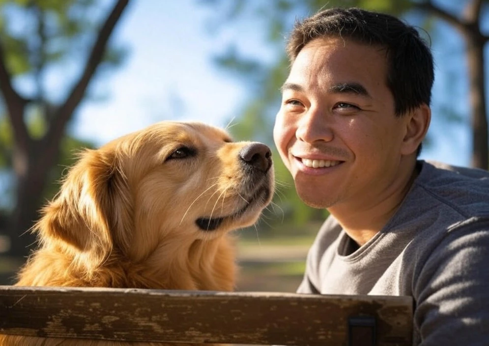 Dog and owner sharing a loving gaze outdoors