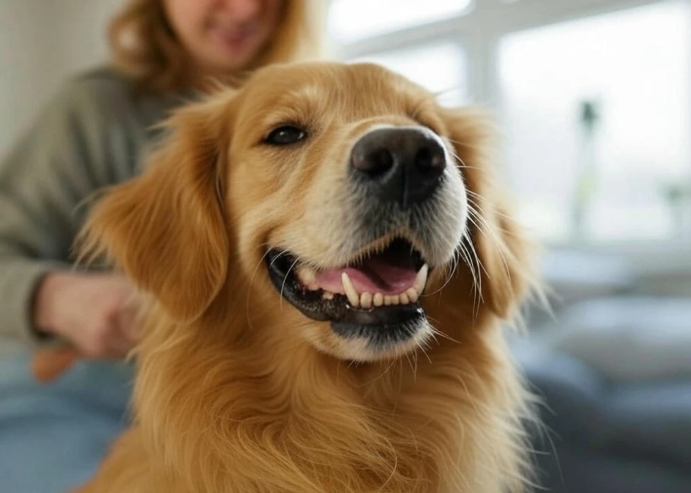 Happy dog showing off clean teeth after brushing