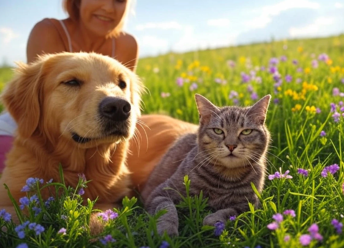 Dog and cat enjoying a sunny summer day outdoors with owner