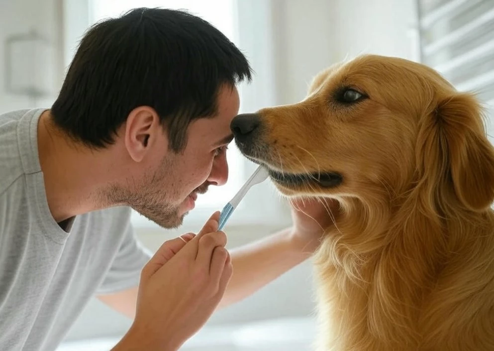 Owner gently brushing a dog’s teeth with a pet toothbrush