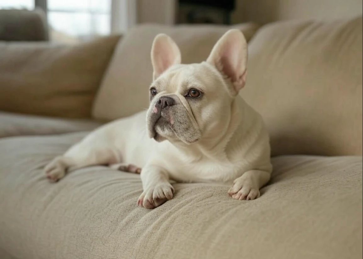 A cream French Bulldog lying on a couch, its light-colored fur giving it an elegant look.