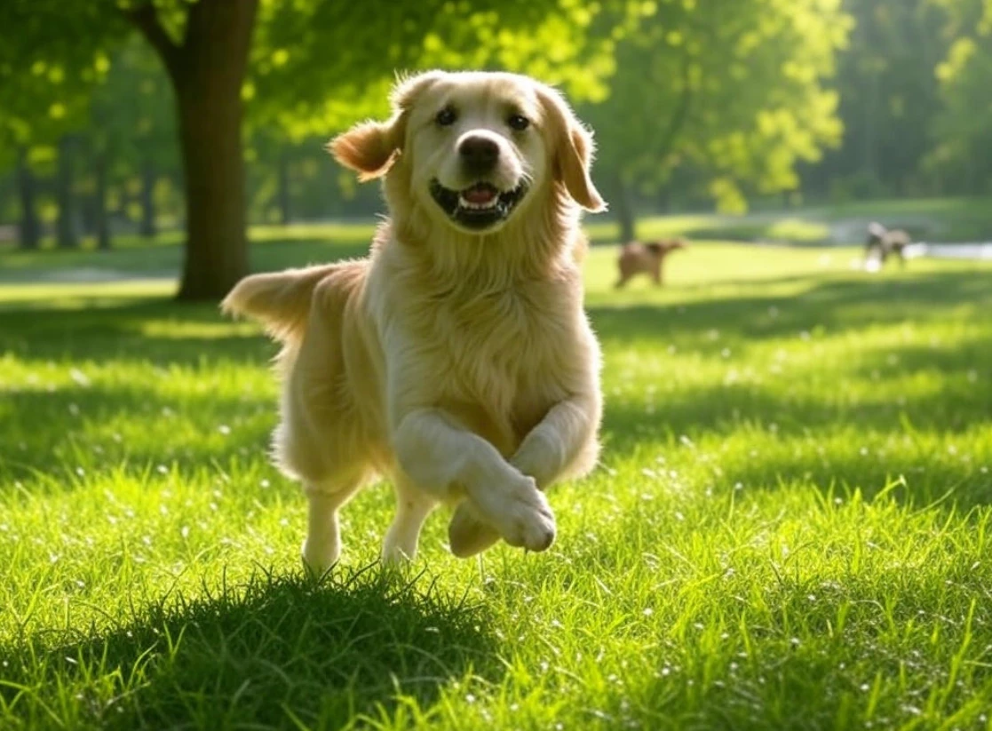 Dog running in a shaded park, a pet-friendly summer spot