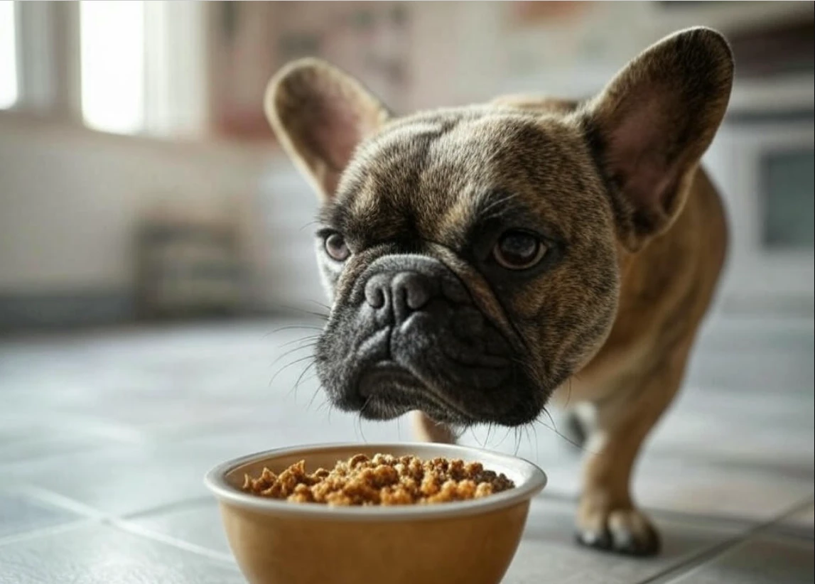 Close-up of dog sniffing food, showing pickiness
