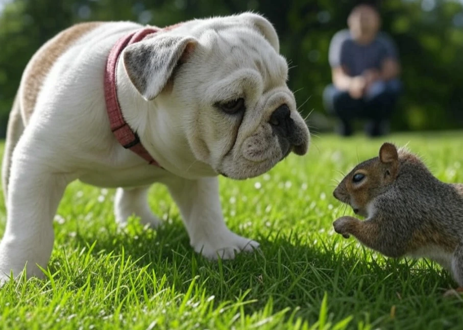 A distracted dog watching a squirrel while ignoring its owner’s command