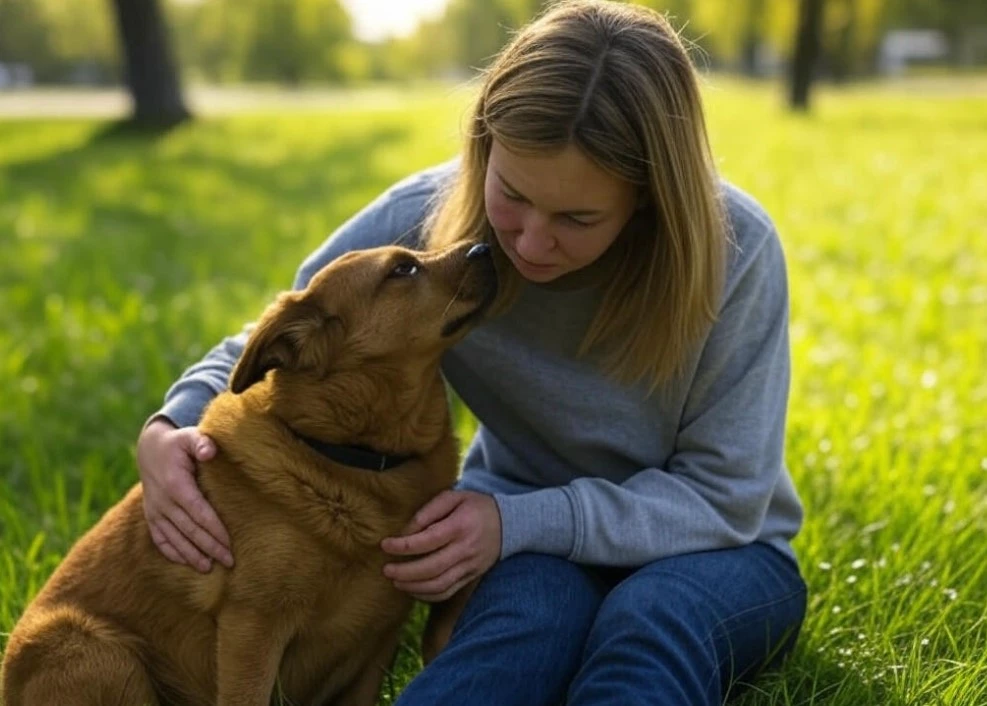 Dog resting head on owner’s lap for comfort