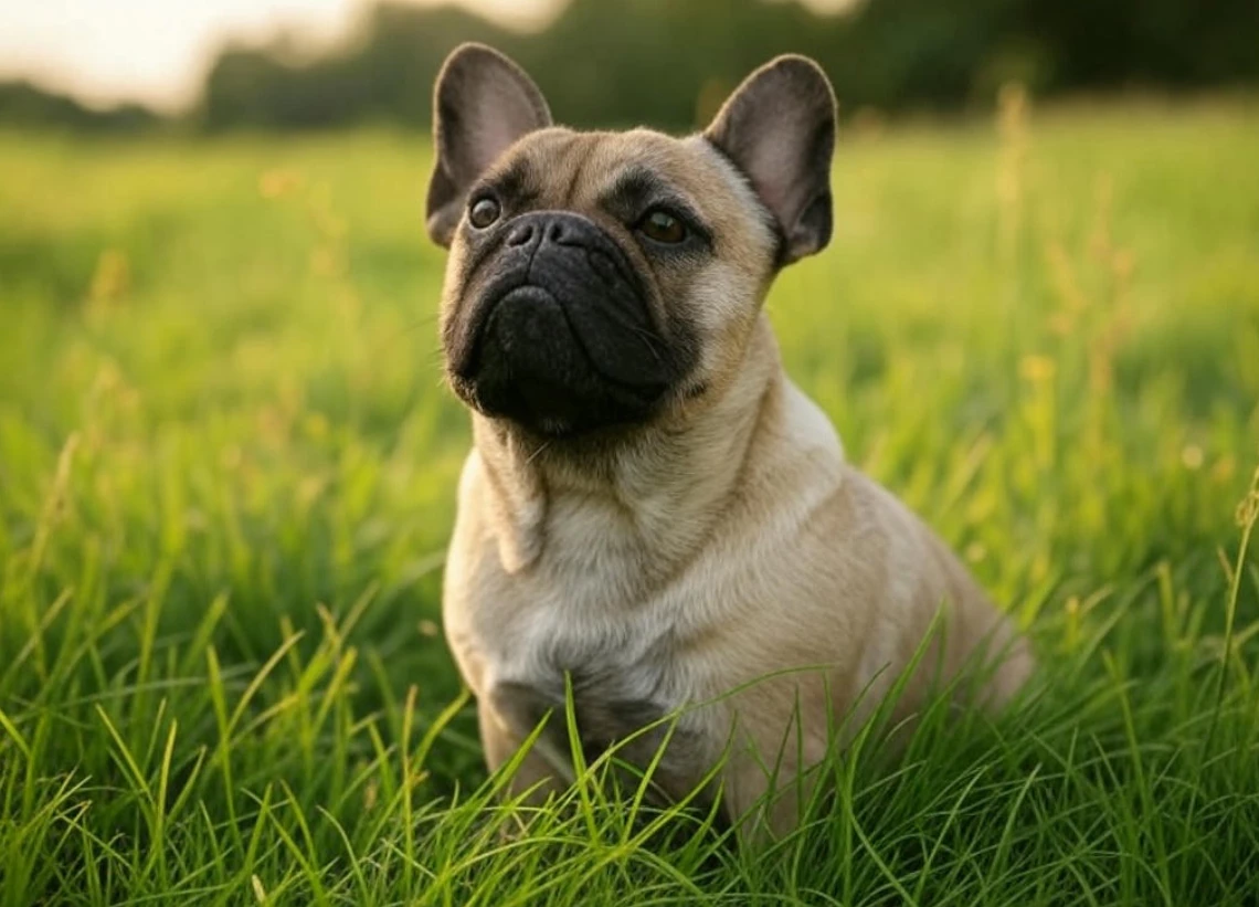 A fawn French Bulldog sitting attentively, its black muzzle contrasting against its tan coat.