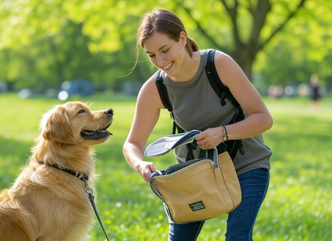 Pet owner packing leash, harness, and first-aid kit for summer outing