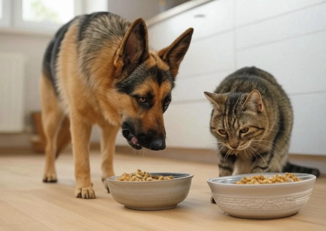 Dog and cat eating near each other for bonding