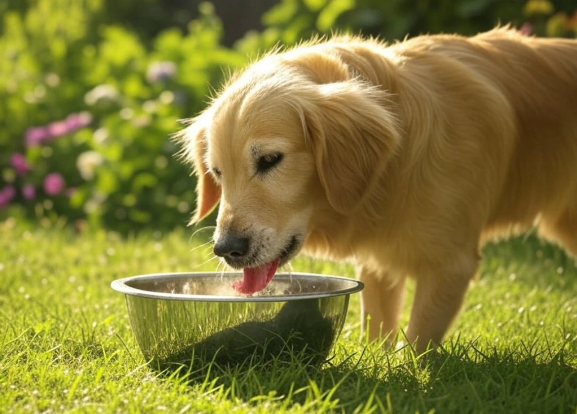Dog sipping water from a portable bowl during a summer walk