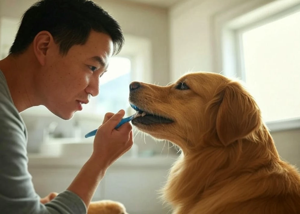Dog enjoying a tooth-brushing session with a treat reward