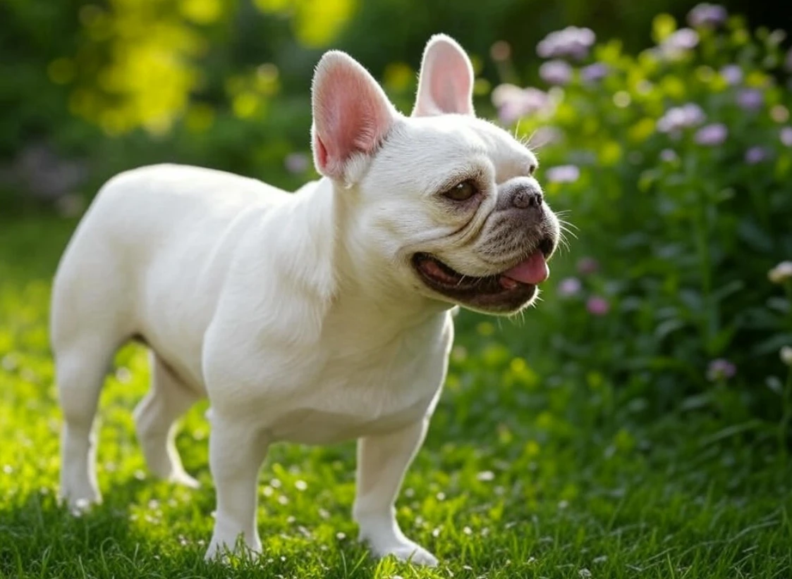 A white French Bulldog standing in the sunlight, its bright coat gleaming.