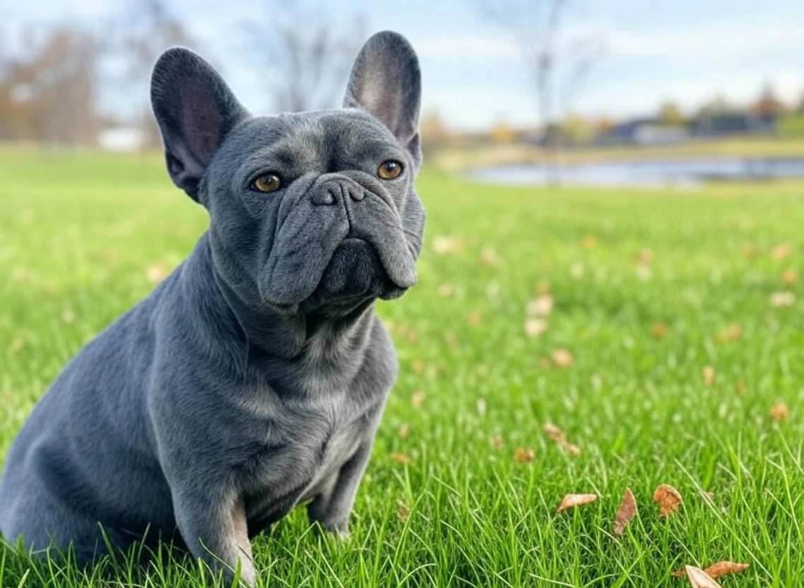 A blue French Bulldog sitting in a park, displaying its soft bluish-gray coat.