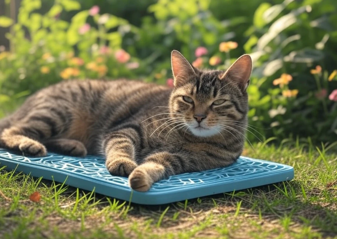 Cat resting on a cooling mat under a tree in summer heat