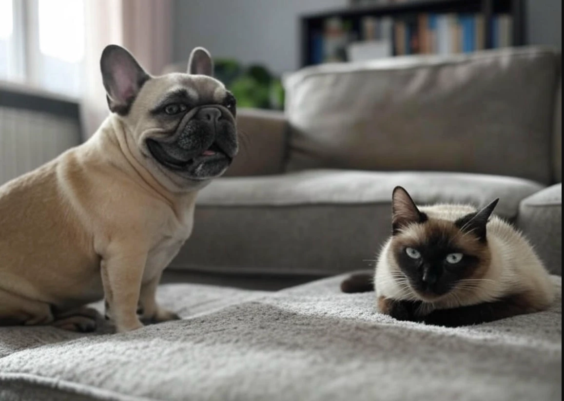 Dog and cat roaming freely in a shared room