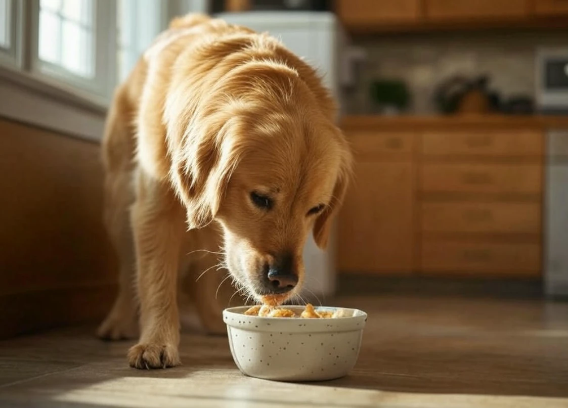 Happy dog eating from a bowl after appetite returns