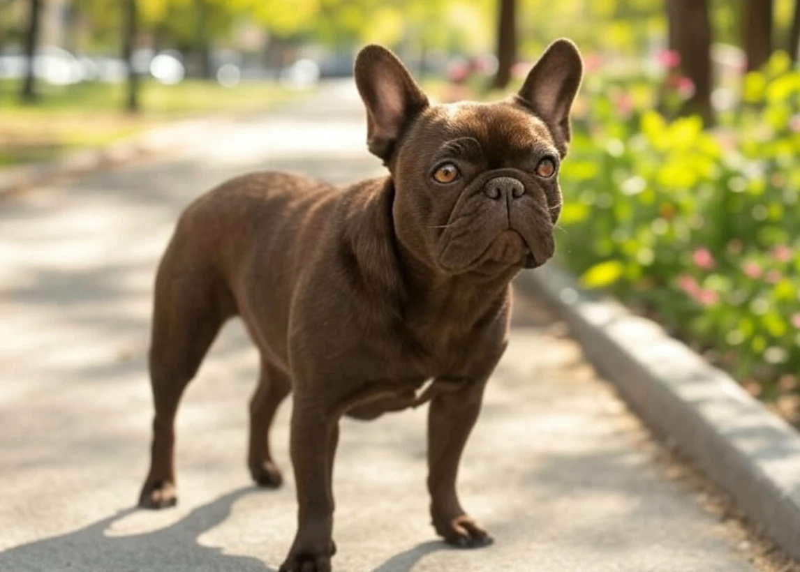 A chocolate French Bulldog standing on a sidewalk, its dark brown coat shining in the sun.