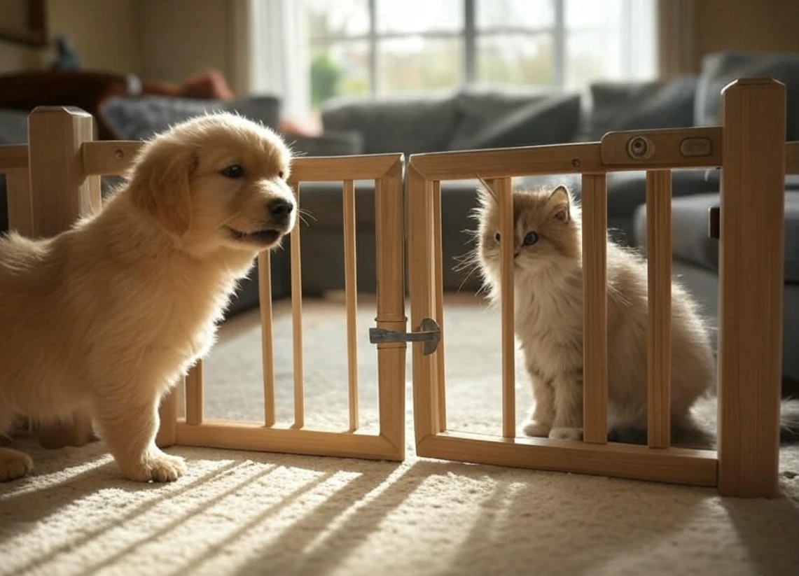 Baby gate separating dog and cat for slow intro