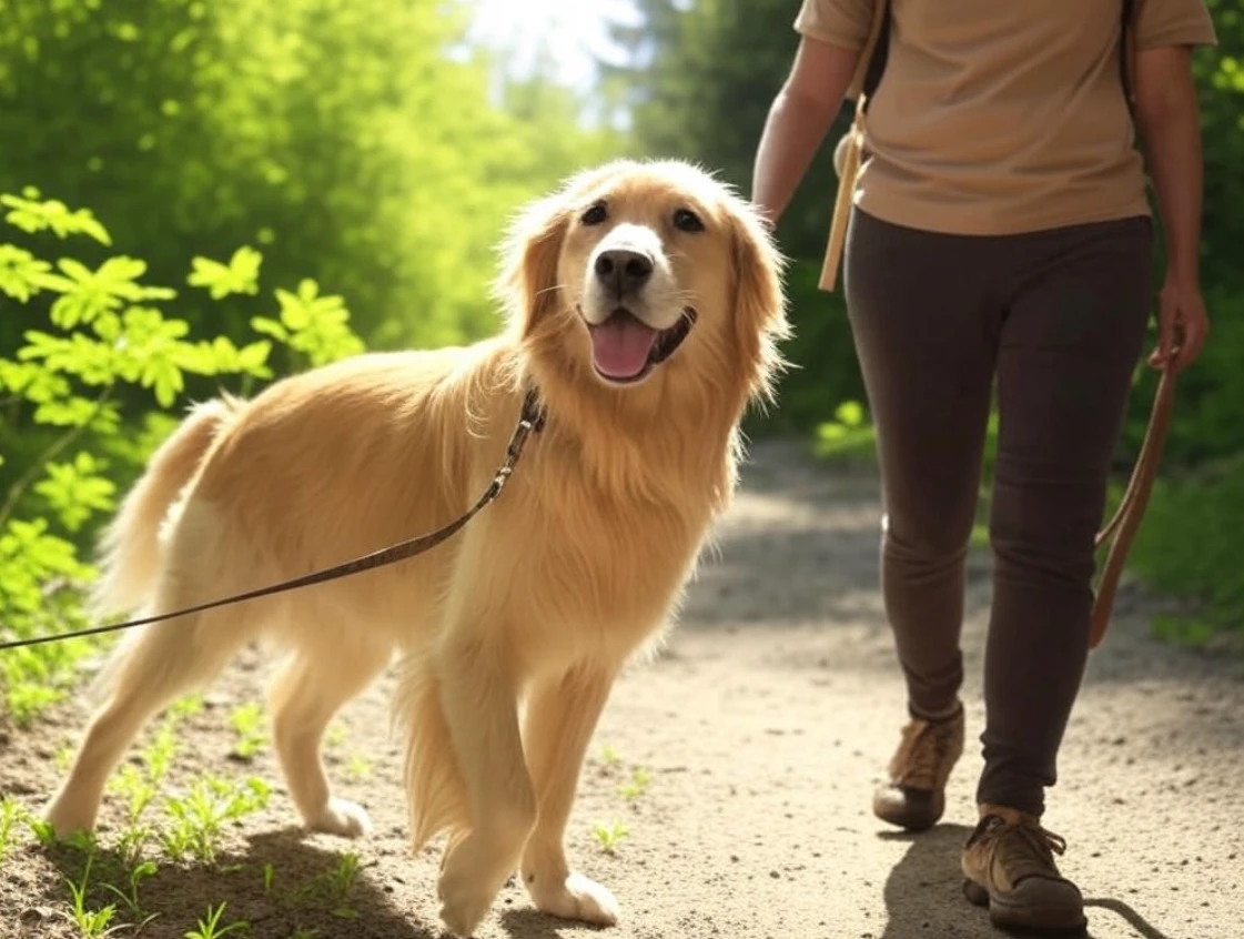 Dog on leash exploring a trail, staying calm and happy