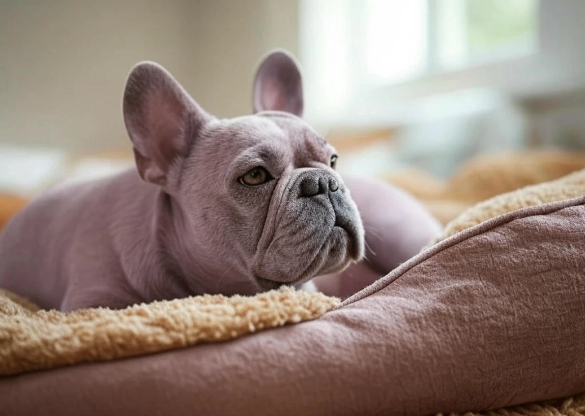 A lilac French Bulldog resting on a dog bed, its rare coat color making it stand out.