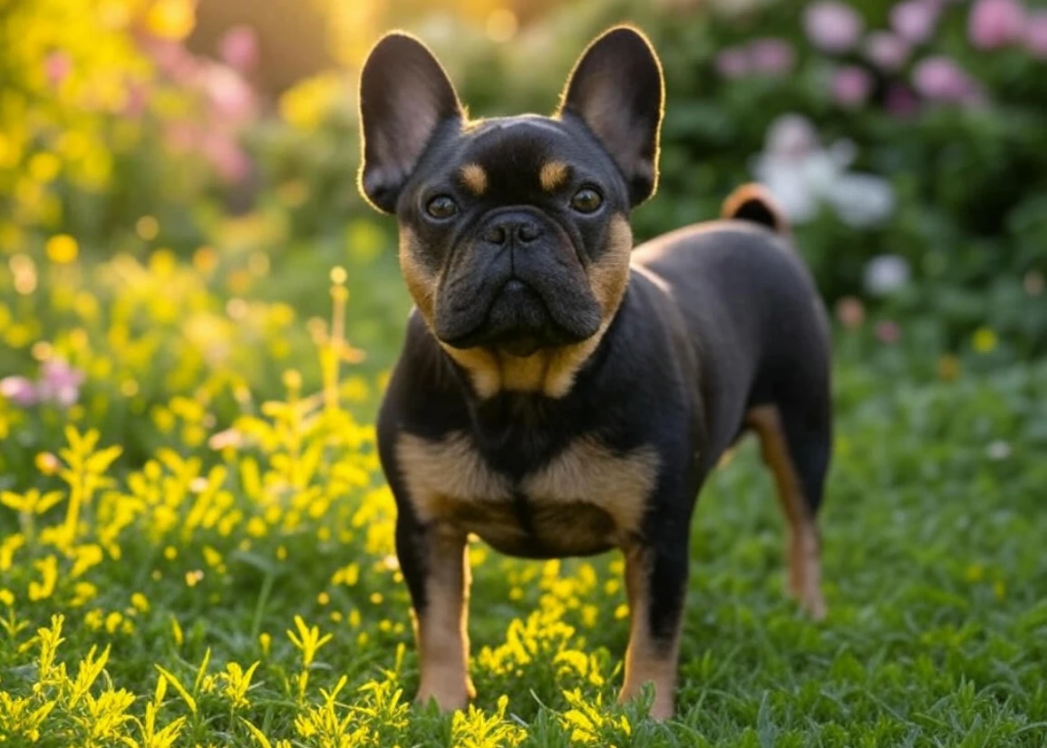 A black and tan French Bulldog standing proudly, showcasing its bold coat pattern.