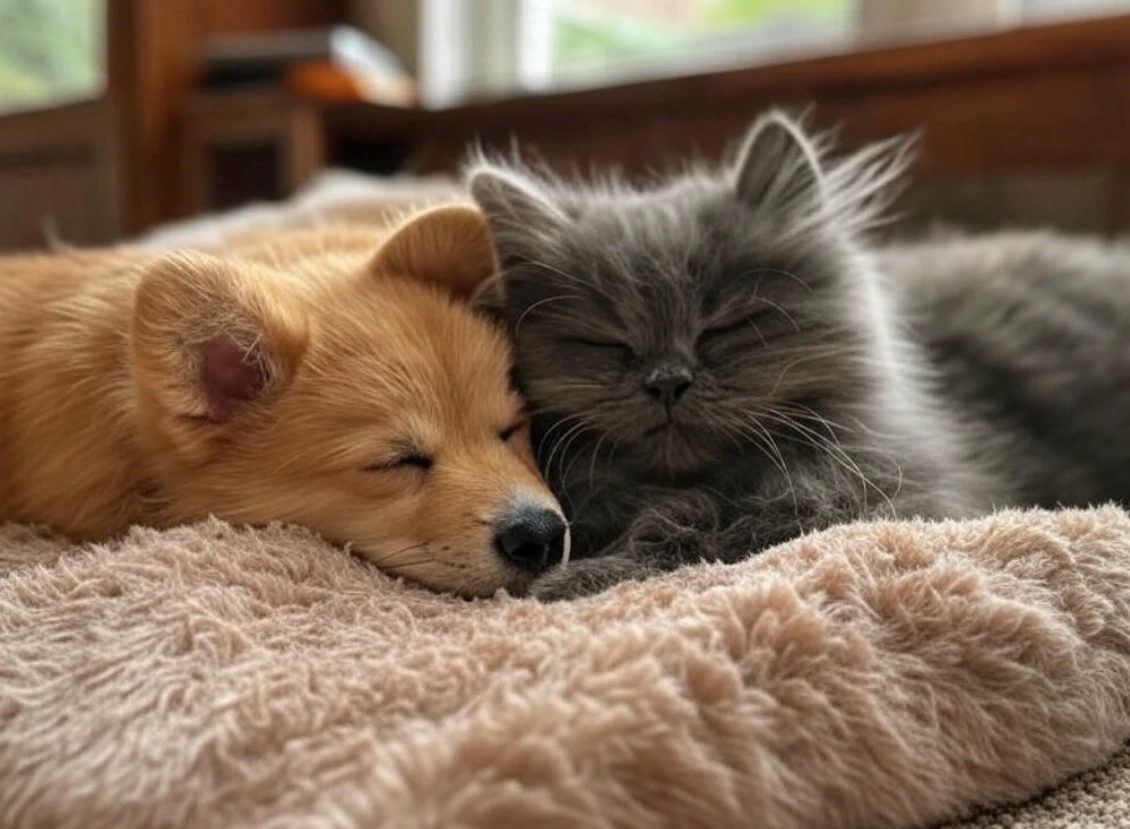 Dog and cat napping together as friends