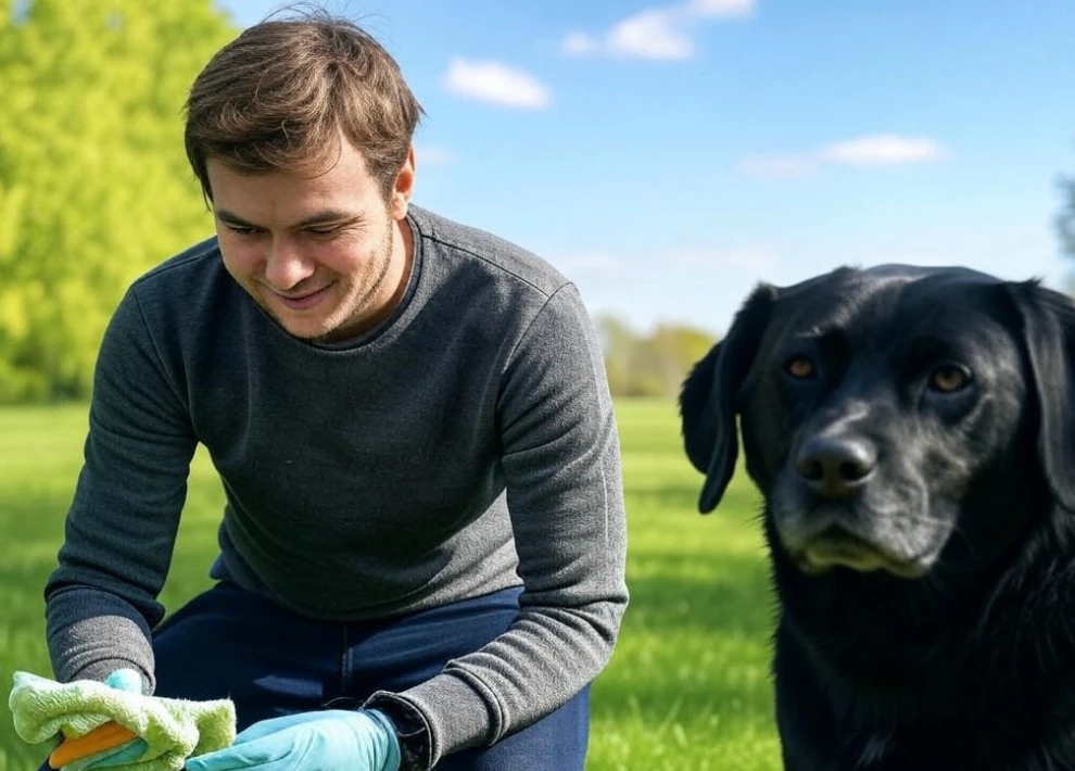 Pet owner using biodegradable poop bag in a park