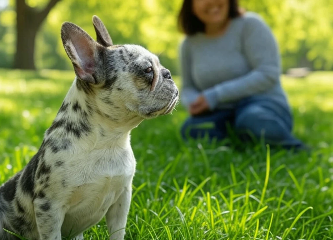 A merle French Bulldog with a spotted coat, gazing curiously at its owner.