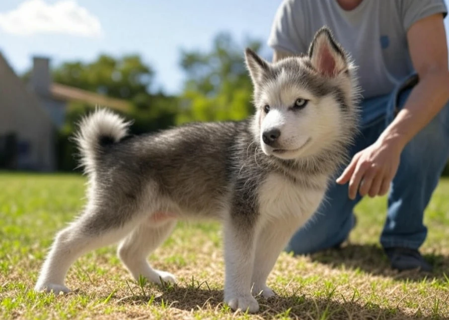 A stubborn Husky turning away from its owner during training