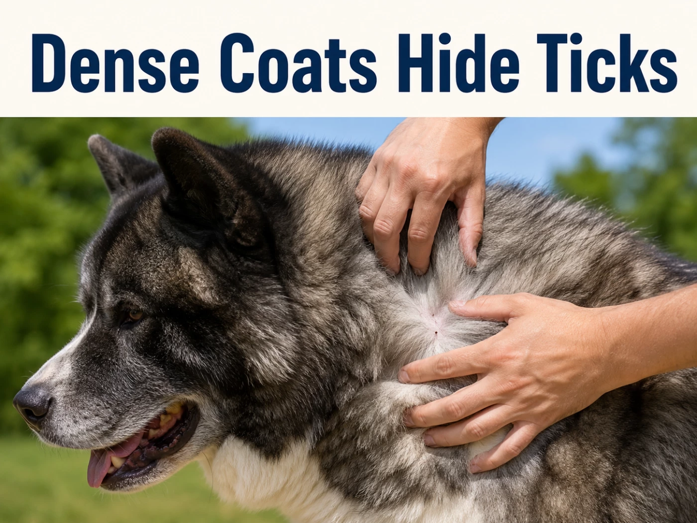 Akita having its thick coat checked for ticks