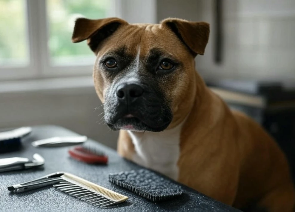A collection of grooming tools and a calm AmStaff being brushed by its owner