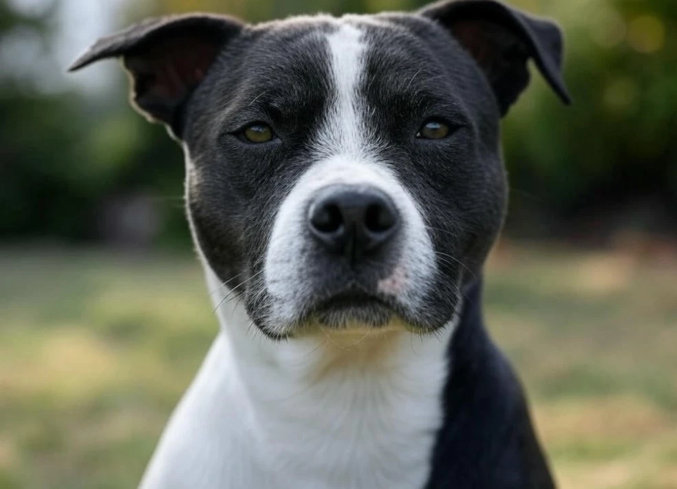 Close-up of an American Staffordshire Terrier with alert eyes and a calm expression