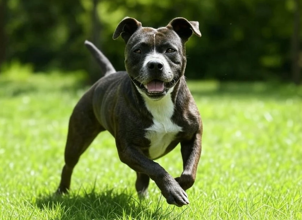 An American Staffordshire Terrier running joyfully through a grassy park on a sunny day