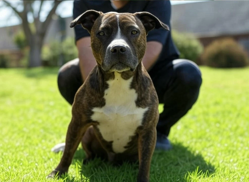 An American Staffordshire Terrier sitting attentively during a training session in a sunny backyard