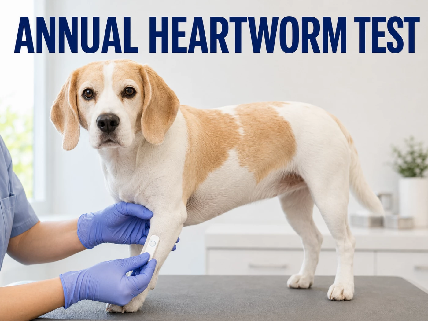 Lemon and white Beagle having a heartworm test