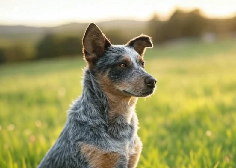 An Australian Cattle Dog herding livestock on a farm, its focus razor-sharp