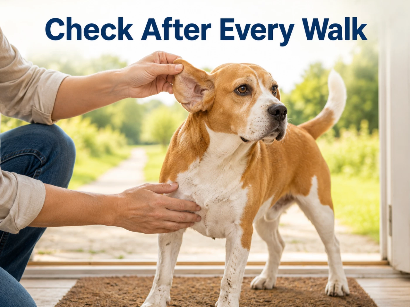 Red and white Beagle having its ears checked after a walk