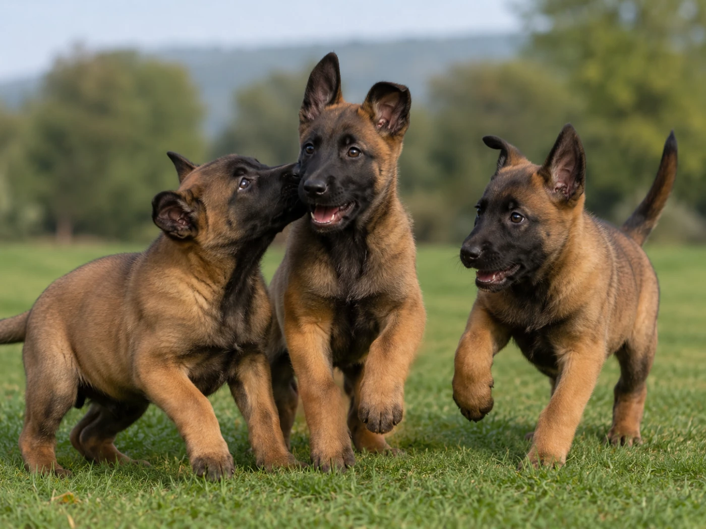 Belgian Malinois puppies playing on grass