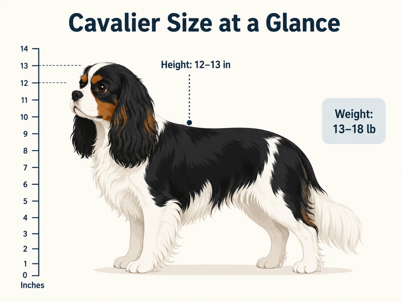 Tricolor Cavalier King Charles Spaniel size comparison with height scale