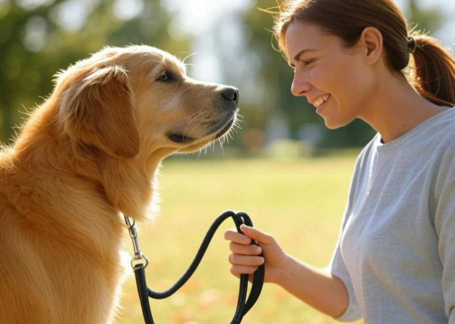 A dog maintaining eye contact with its owner during training