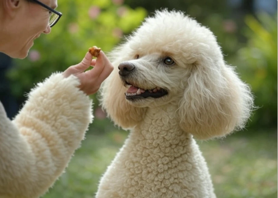 A dog receiving a treat after obeying a command