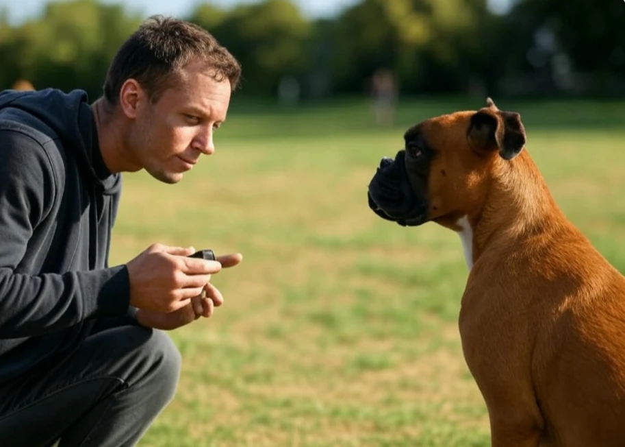 A trainer using a clicker during a dog training session