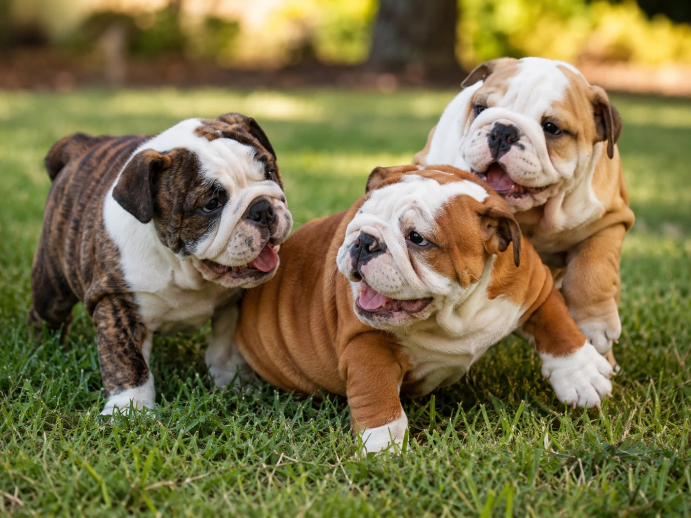 English Bulldog puppies playing on grass