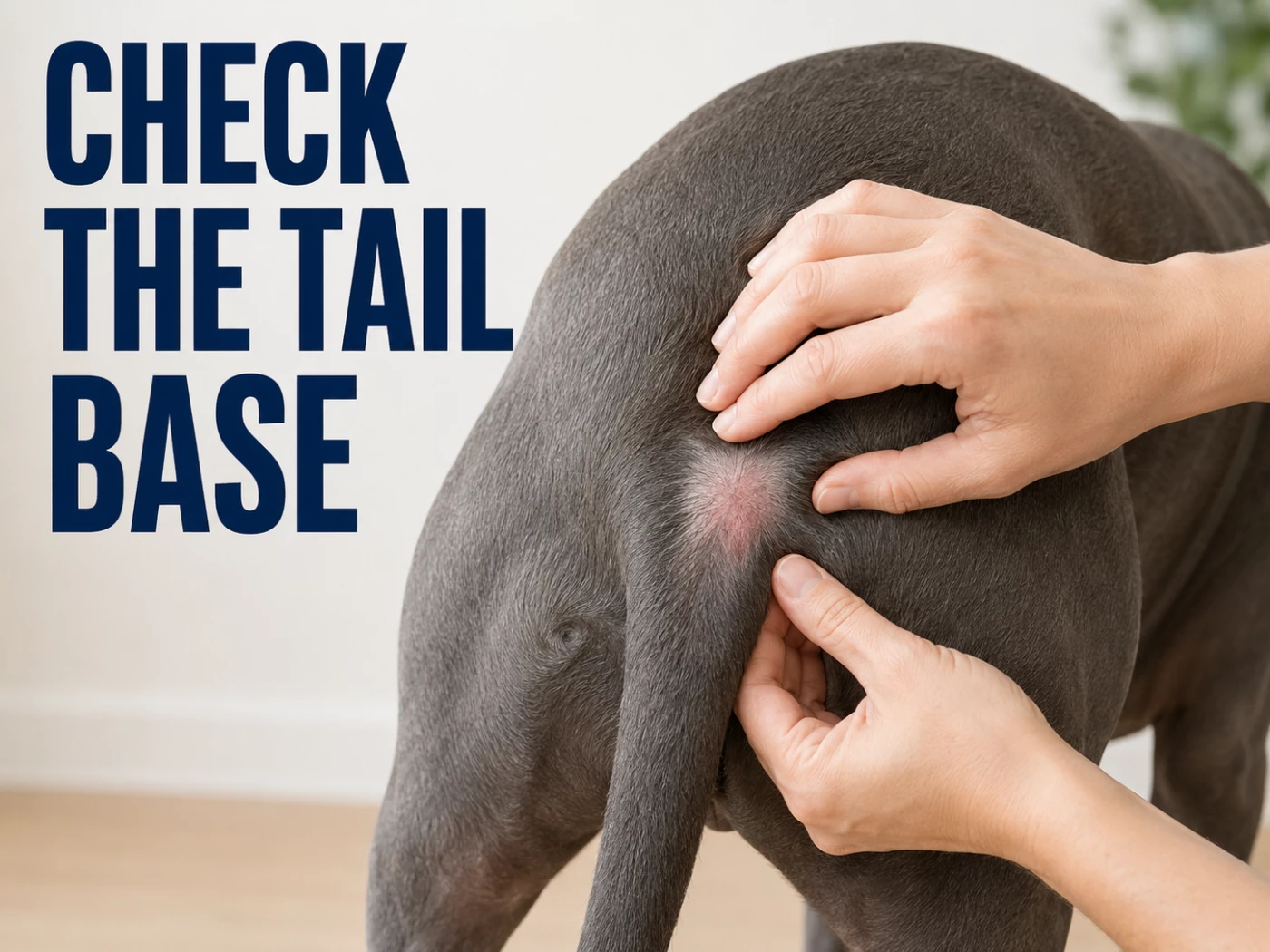 Blue American Staffordshire Terrier having its tail base checked