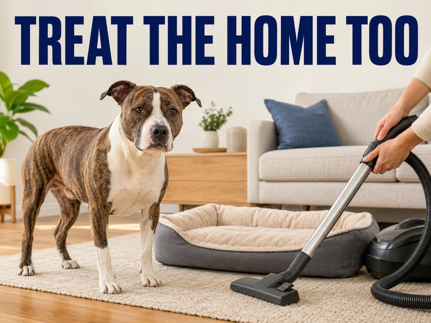 Brindle and white American Staffordshire Terrier beside a pet bed during vacuuming