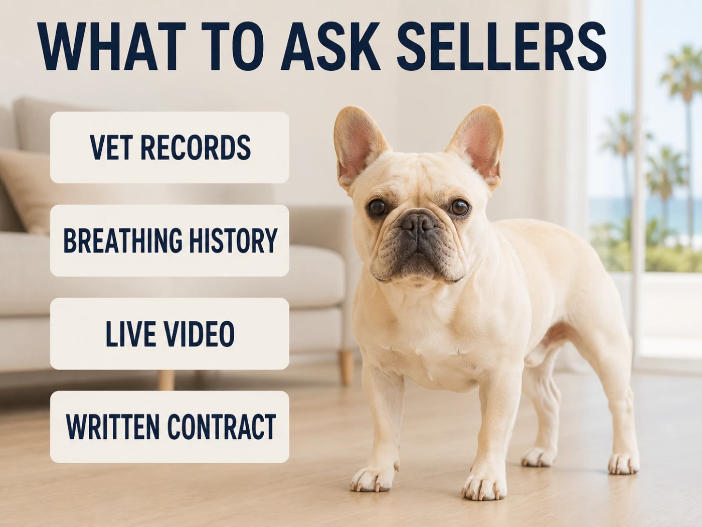 Cream French Bulldog with seller questions infographic