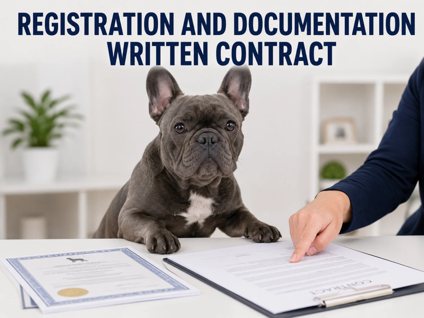 French Bulldog beside registration papers and contract