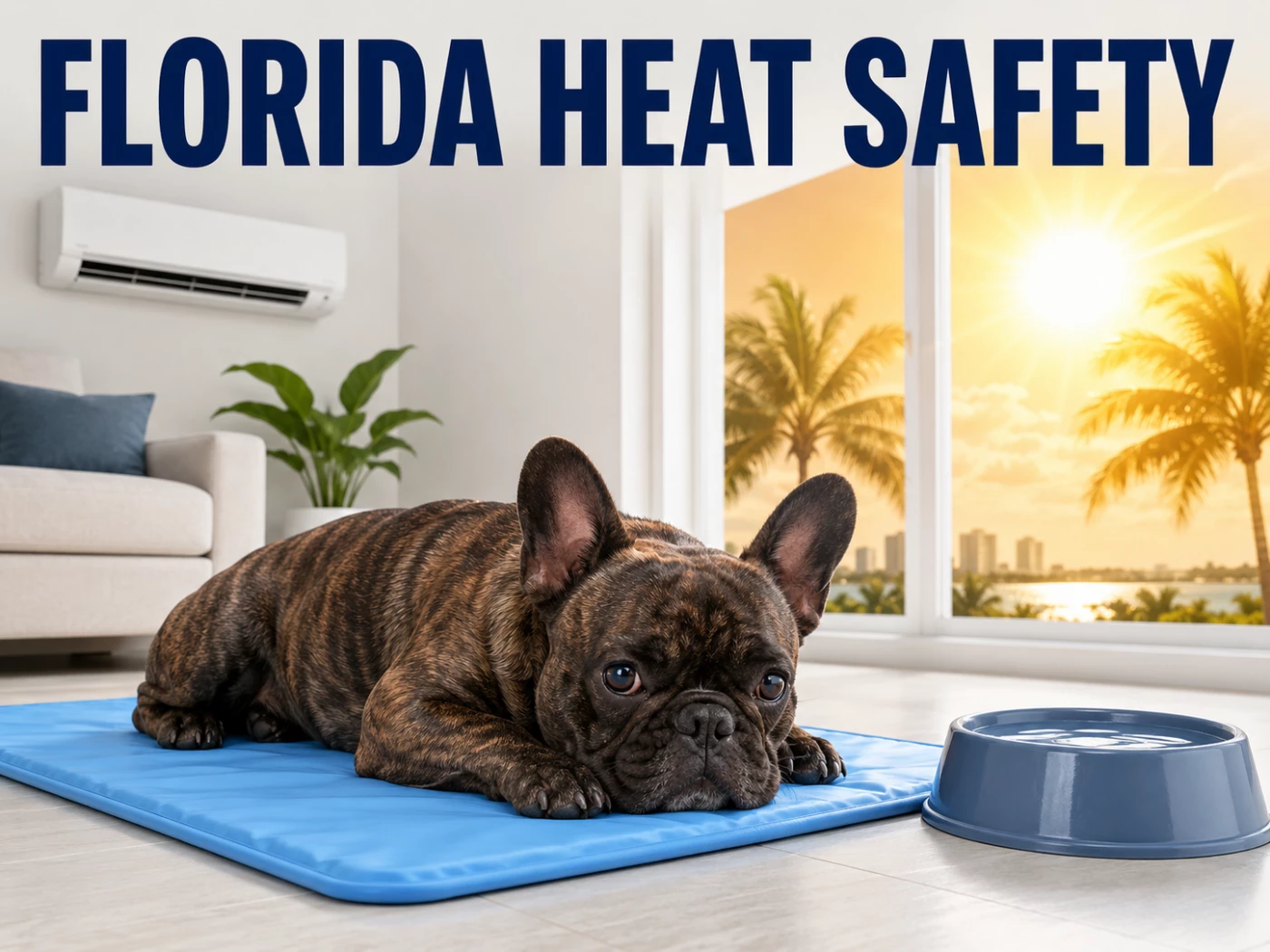 Brindle French Bulldog resting indoors on a cooling mat