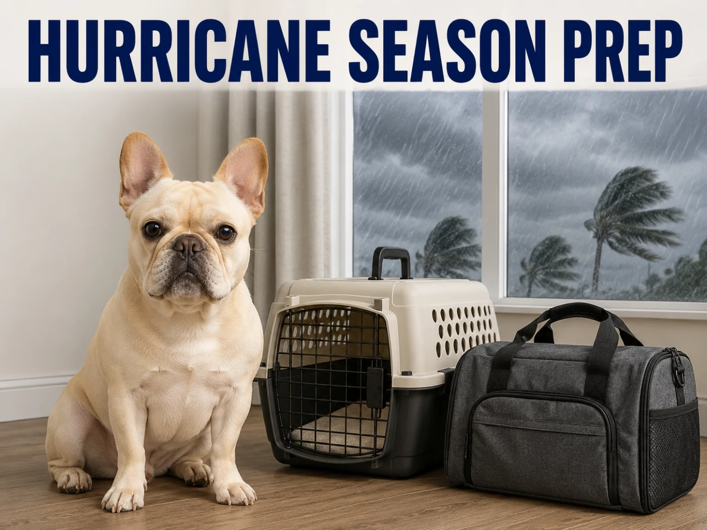 Cream French Bulldog beside a carrier and emergency bag